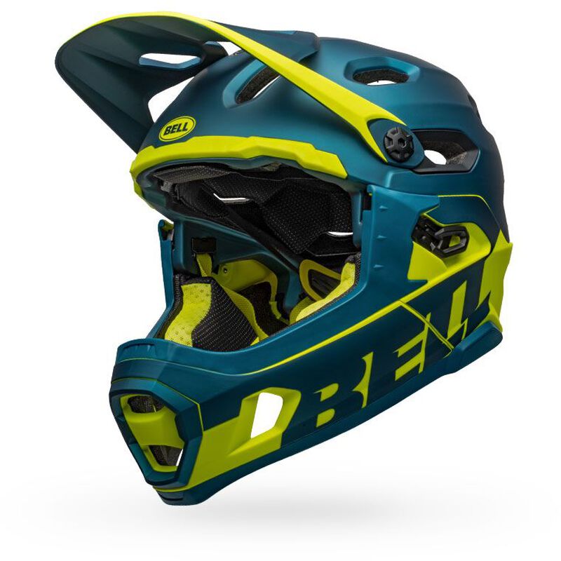 bell super dh spherical mountain bike helmet fasthouse matte gloss blue hi viz front left